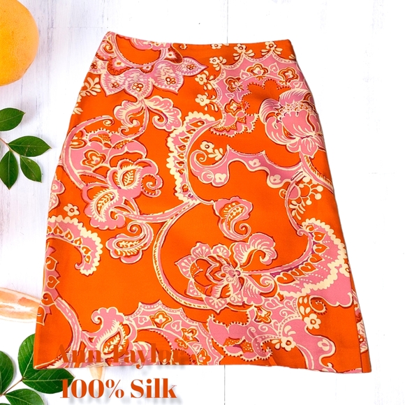 ANN TAYLOR Silk Pencil Skirt Orange Patterned Summer Boho Chic - Picture 3 of 4